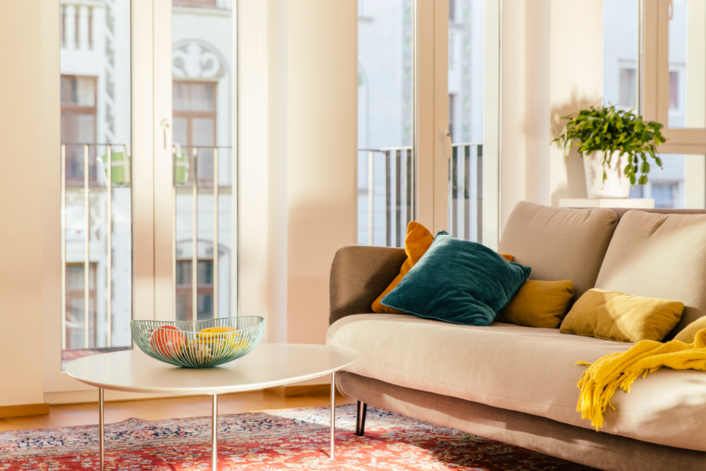 Living room area with Persian rug in loft apartment of Cologne, NRW, Germany